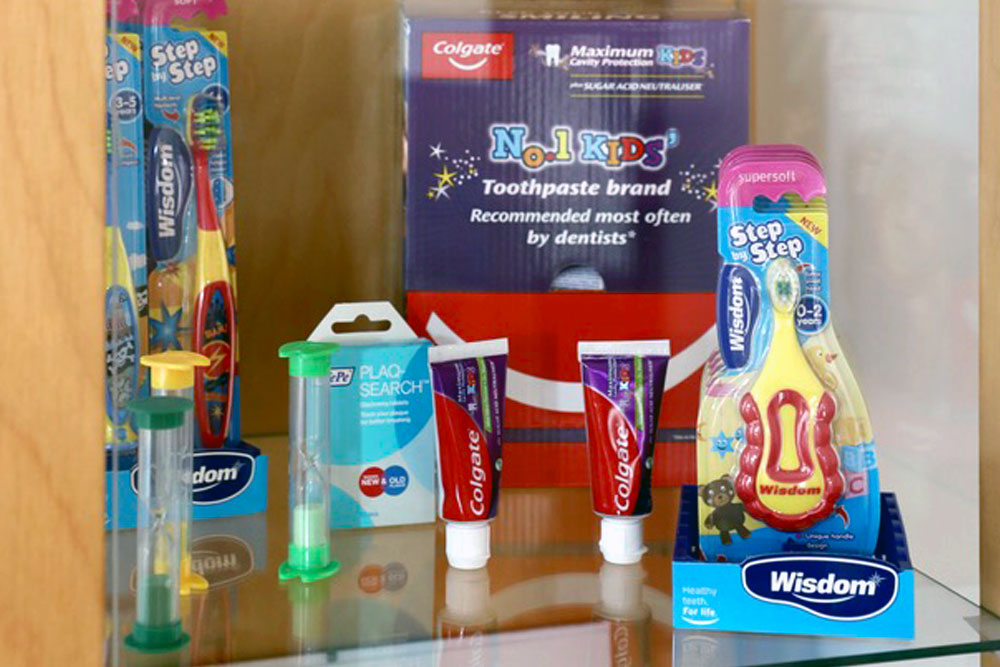 Dental products for children on a shelf at the Wellesley