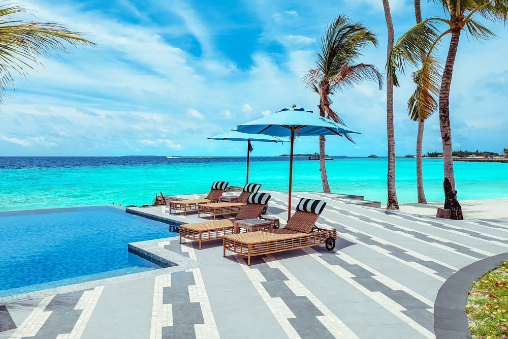 Some sun loungers in a beautiful holiday destination with palm trees