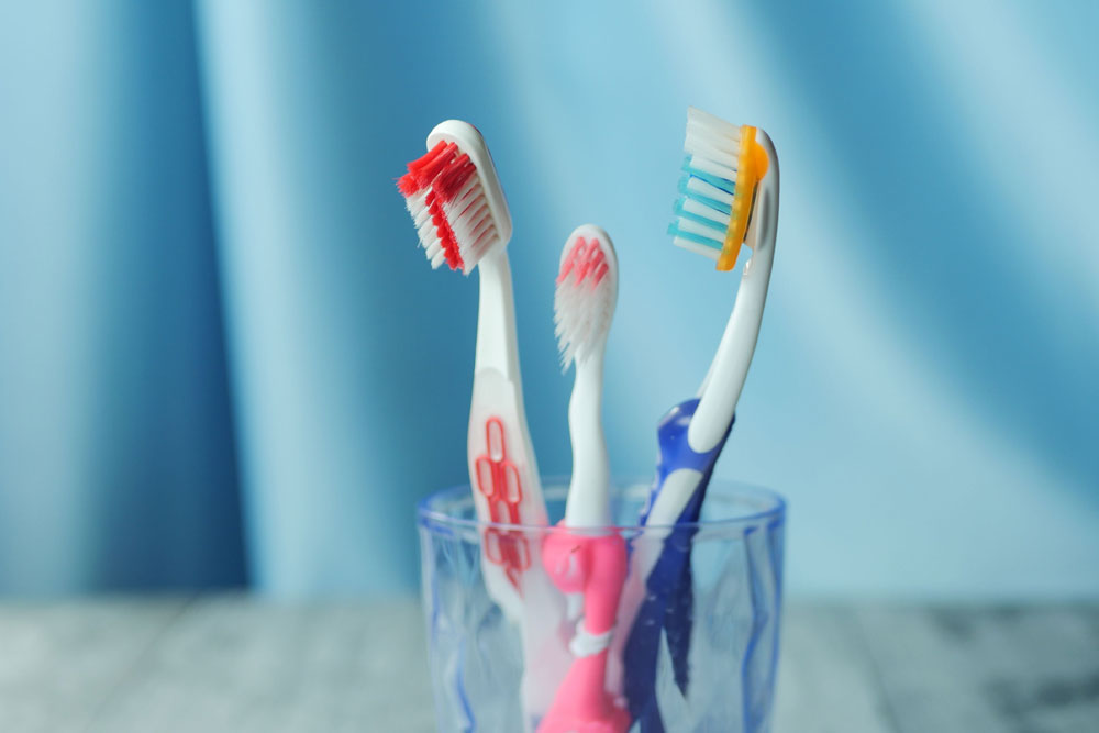 Toothbrushes arranged in a glass